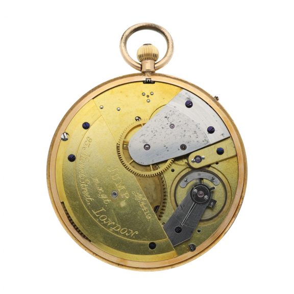 English open faced watch with decentralized time display Circa 1830 English open faced watch with decentralized time display Circa 1830