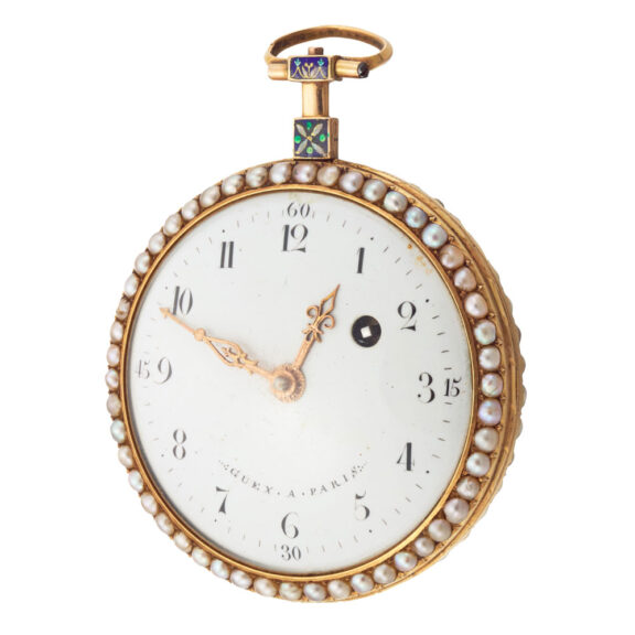 A French pearl set gold and polychrome enamel watch Circa 1790 A French pearl set gold and polychrome enamel watch Circa 1790