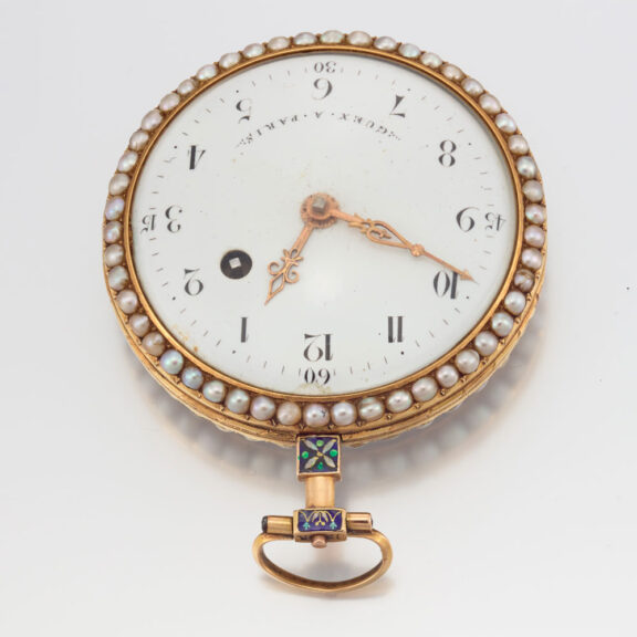 A French pearl set gold and polychrome enamel watch Circa 1790 A French pearl set gold and polychrome enamel watch Circa 1790