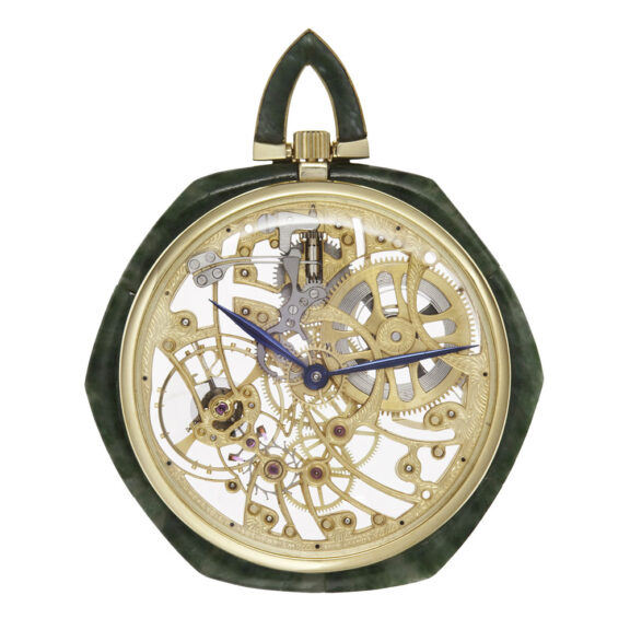Swiss hexagonal gold and jade skeletonized keyless dress watch Circa 1980 Swiss hexagonal gold and jade skeletonized keyless dress watch Circa 1980
