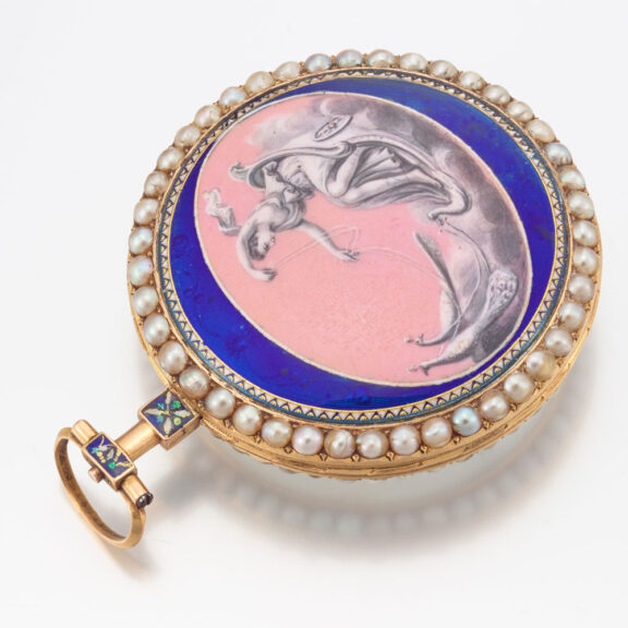 A French pearl set gold and polychrome enamel watch Circa 1790 A French pearl set gold and polychrome enamel watch Circa 1790