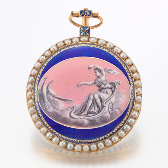 A French pearl set gold and polychrome enamel watch Circa 1790 A French pearl set gold and polychrome enamel watch Circa 1790