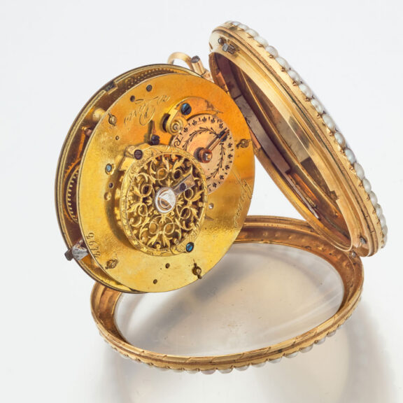 A French pearl set gold and polychrome enamel watch Circa 1790 A French pearl set gold and polychrome enamel watch Circa 1790