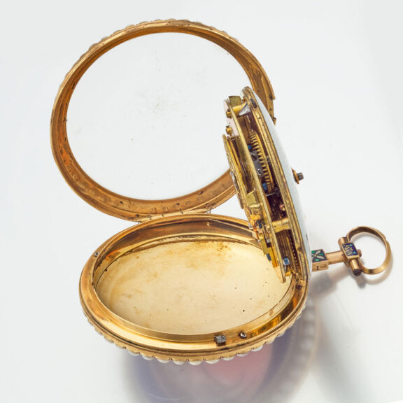 A French pearl set gold and polychrome enamel watch Circa 1790 A French pearl set gold and polychrome enamel watch Circa 1790