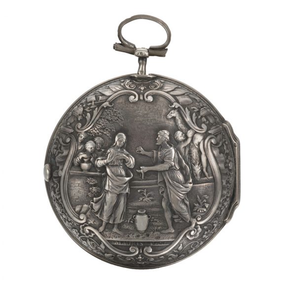 English silver pair cased repoussé verge watch with date Circa 1740 English silver pair cased repoussé verge watch with date Circa 1740