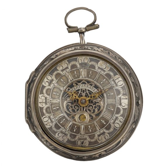English silver pair cased repoussé verge watch with date Circa 1740 English silver pair cased repoussé verge watch with date Circa 1740