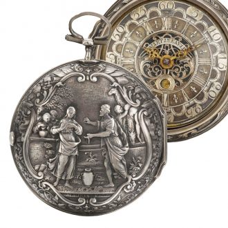 English silver pair cased repoussé verge watch with date Circa 1740