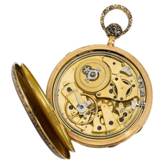 Swiss gold and enamel quarter repeating pocket watch Circa 1850 Swiss gold and enamel quarter repeating pocket watch Circa 1850