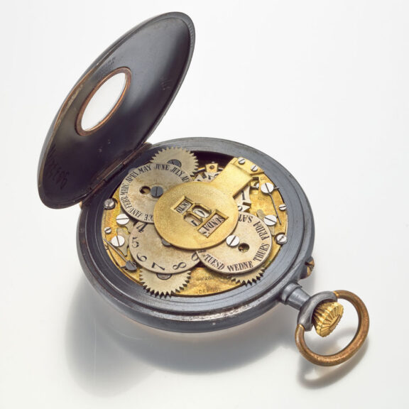 Swiss gunmetal keyless lever watch with calendar Circa 1900 Swiss gunmetal keyless lever watch with calendar Circa 1900