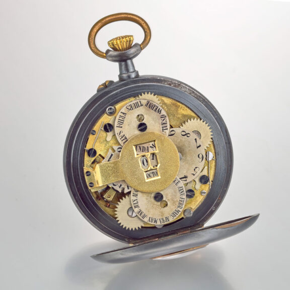 Swiss gunmetal keyless lever watch with calendar Circa 1900 Swiss gunmetal keyless lever watch with calendar Circa 1900