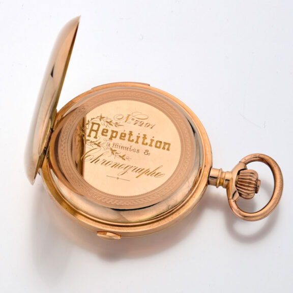 Gold Swiss minute repeater with chronograph Circa 1900 Gold Swiss minute repeater with chronograph Circa 1900