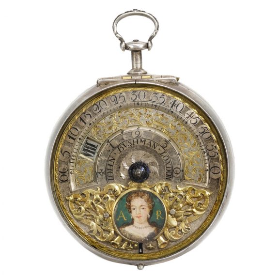 English pair cased wandering hour verge with portrait Circa 1710 English pair cased wandering hour verge with portrait Circa 1710