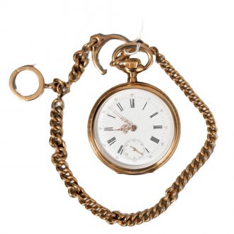 Swiss 18 carat gold open faced lever watch with chain Circa 1900