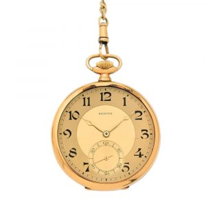 Swiss flat 18K gold pocket watch with vest chain Circa 1925
