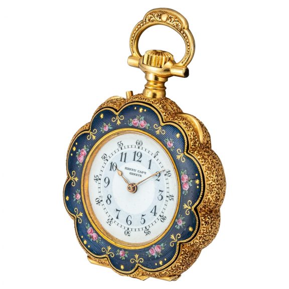 Swiss gold and enamel scalloped pendant watch Circa 1889 Swiss gold and enamel scalloped pendant watch Circa 1889