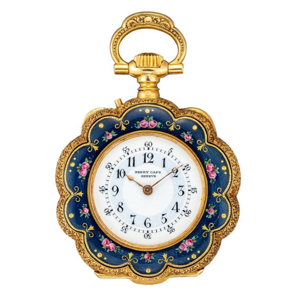 Swiss gold and enamel scalloped pendant watch Circa 1889 Swiss gold and enamel scalloped pendant watch Circa 1889