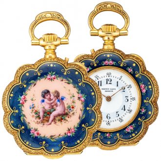 Swiss gold and enamel scalloped pendant watch Circa 1889