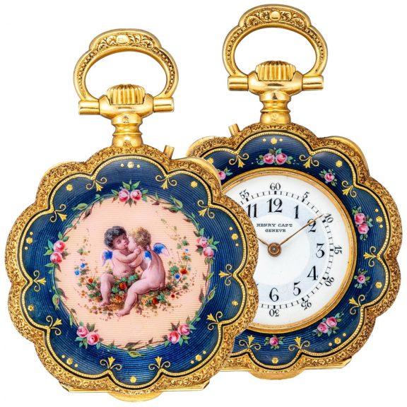 Swiss gold and enamel scalloped pendant watch Circa 1889