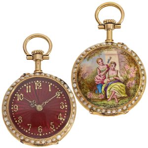 Swiss gold, enamel and pearl-set miniature ladies' watch Circa 1900