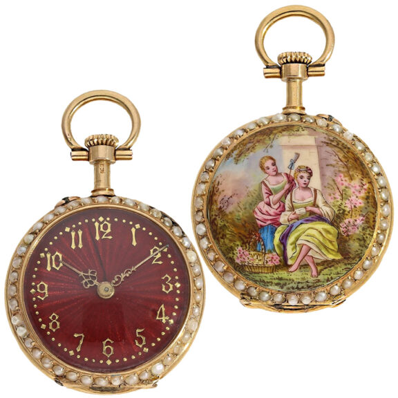 Swiss gold, enamel and pearl-set miniature ladies' watch Circa 1900