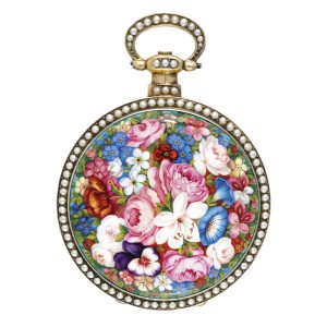 Swiss enamel and pearl set center seconds watch Circa 1850