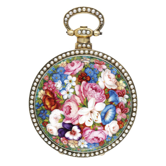 Swiss enamel and pearl set center seconds watch Circa 1850