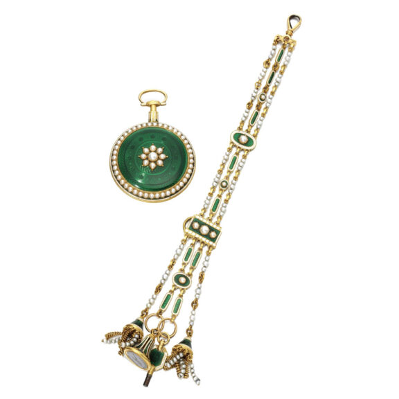 Scottish gold, enamel and pearl chatelaine watch Circa 1790 Scottish gold, enamel and pearl chatelaine watch Circa 1790