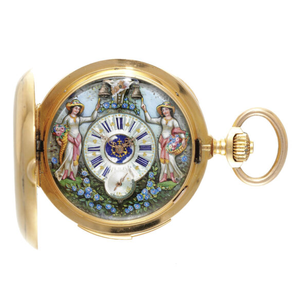 Swiss gold minute repeating automaton watch Circa 1900 Swiss gold minute repeating automaton watch Circa 1900