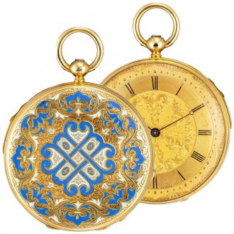 Swiss gold and enamel quarter repeating cylinder Circa 1850