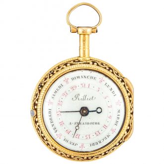 French double dialled verge with day, date, and regulator Circa 1800