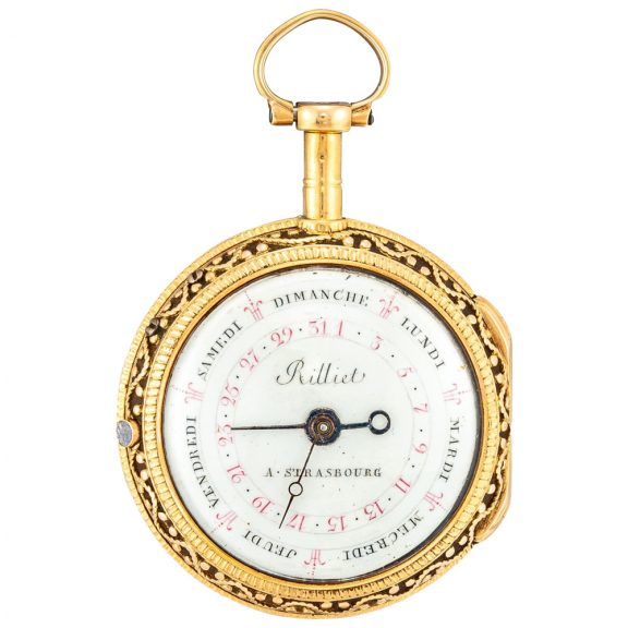 French double dialled verge with day, date, and regulator Circa 1800 French double dialled verge with day, date, and regulator Circa 1800