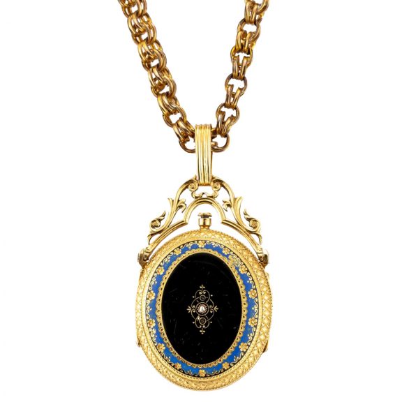 Swiss gold, enamel, and diamond set oval watch Circa 1860 Swiss gold, enamel, and diamond set oval watch Circa 1860