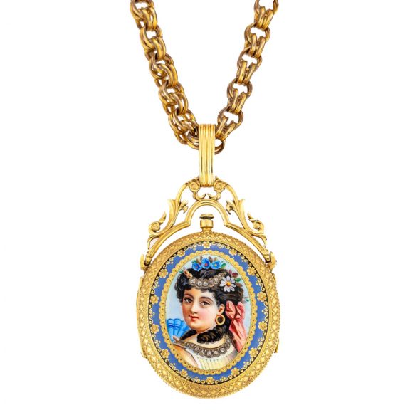 Swiss gold, enamel, and diamond set oval watch Circa 1860 Swiss gold, enamel, and diamond set oval watch Circa 1860