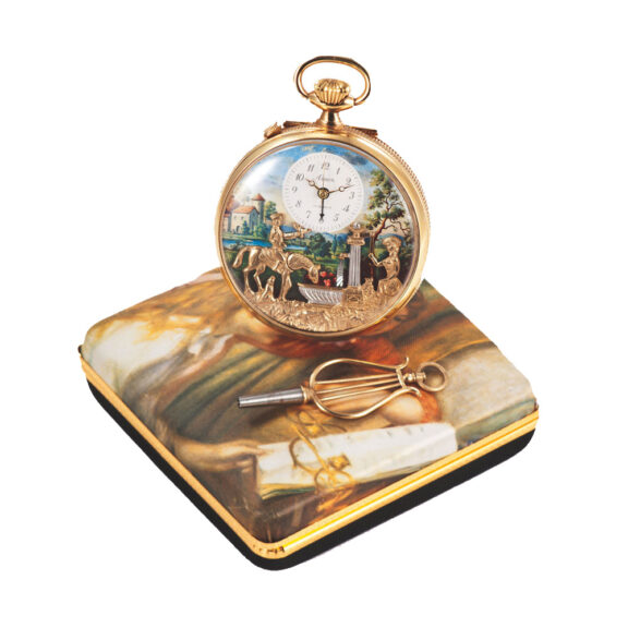 Fine, musical, gold plated, center-seconds, keyless Swiss pocket watch with automaton and alarm Circa 1980’s.