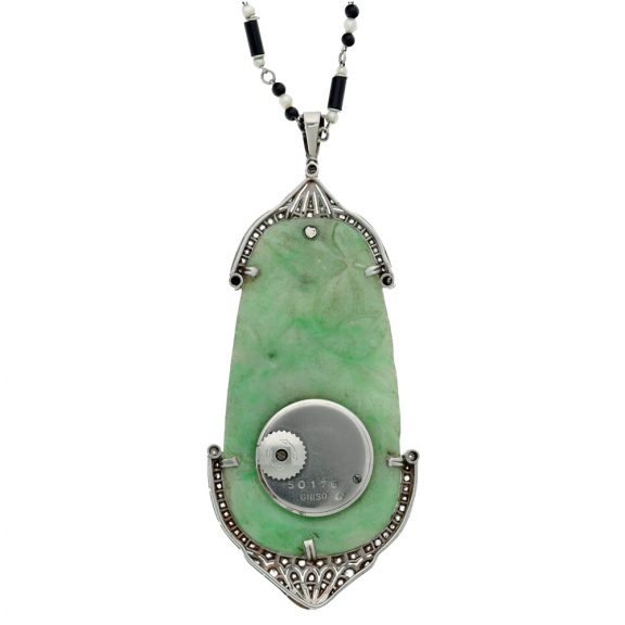 Swiss platinum, jade, and diamond set pendant watch Circa 1925 Swiss platinum, jade, and diamond set pendant watch Circa 1925