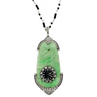 Swiss platinum, jade, and diamond set pendant watch Circa 1925