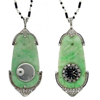 Swiss platinum, jade, and diamond set pendant watch Circa 1925