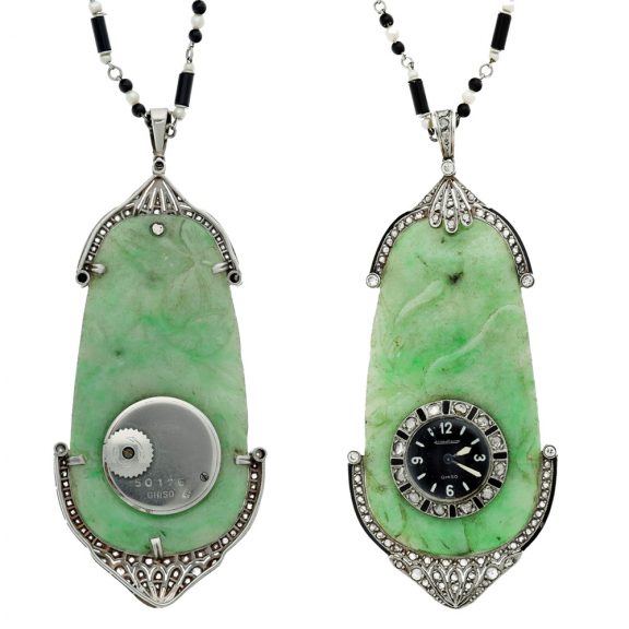 Swiss platinum, jade, and diamond set pendant watch Circa 1925
