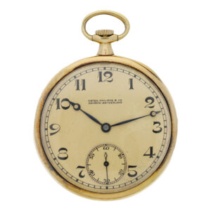 Swiss yellow gold open faced keyless pocket watch Circa 1919