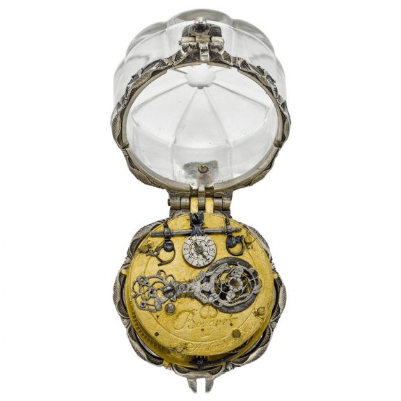English silver and rock crystal scallop form verge watch Circa 1640 English silver and rock crystal scallop form verge watch Circa 1640
