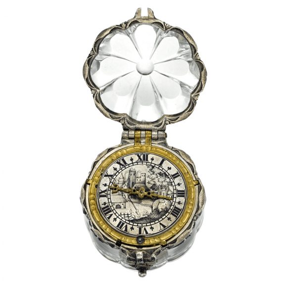 English silver and rock crystal scallop form verge watch Circa 1640 English silver and rock crystal scallop form verge watch Circa 1640
