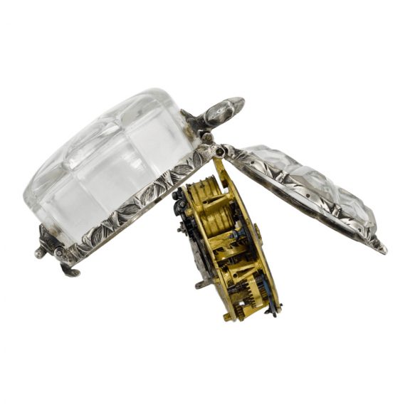 English silver and rock crystal scallop form verge watch Circa 1640 English silver and rock crystal scallop form verge watch Circa 1640