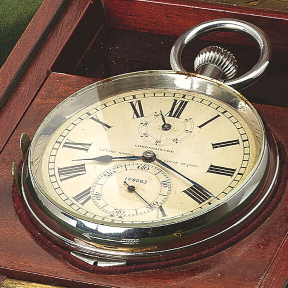 Swiss stainless steel keyless deck lever chronometer with power reserve indication Circa 1960