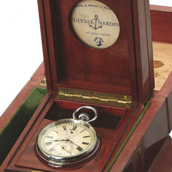 Swiss stainless steel keyless deck lever chronometer with power reserve indication Circa 1960 Swiss stainless steel keyless deck lever chronometer with power reserve indication Circa 1960
