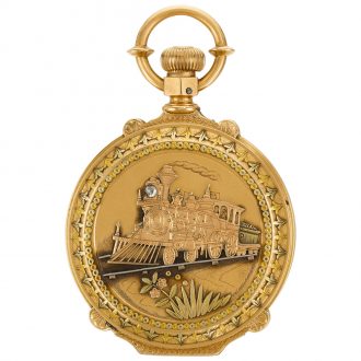 American hunting cased watch with locomotive scene Circa 1872