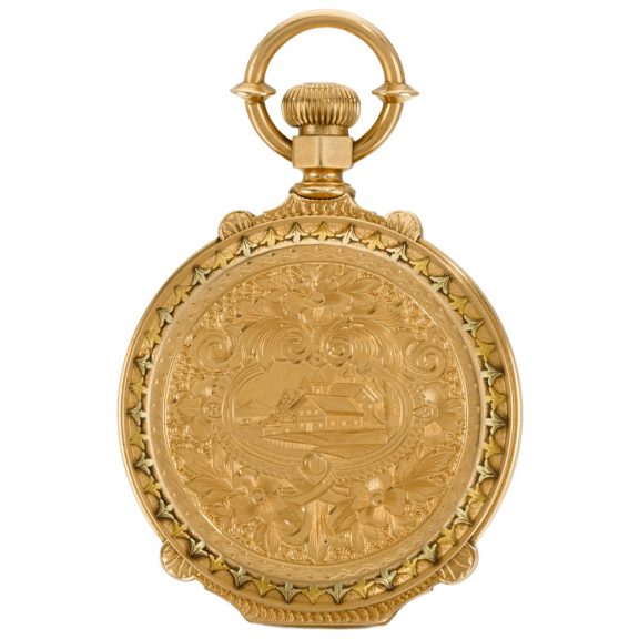 American hunting cased watch with locomotive scene Circa 1872 American hunting cased watch with locomotive scene Circa 1872