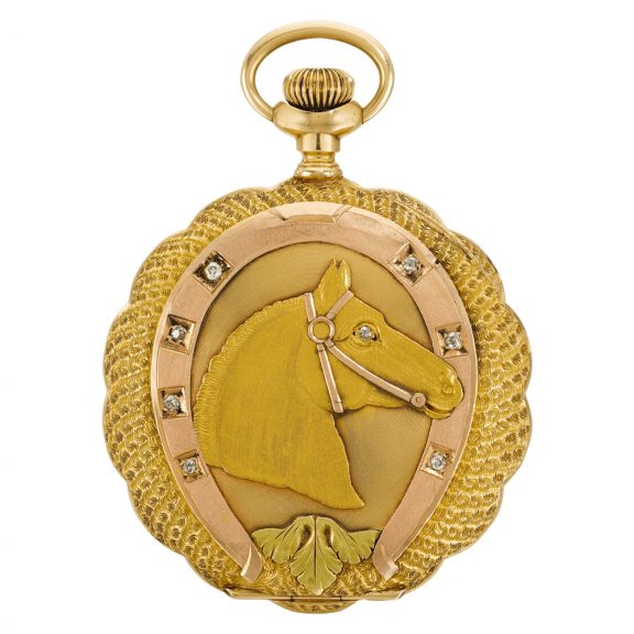 American hunting cased lever watch of equestrian theme Circa 1910 American hunting cased lever watch of equestrian theme Circa 1910