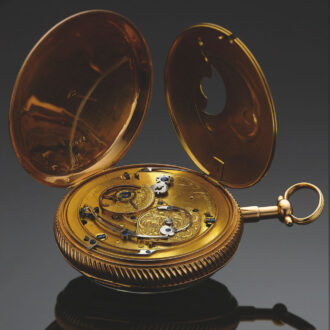 Gilt brass two train movement with standing barrel for the going train, cylinder type escapement