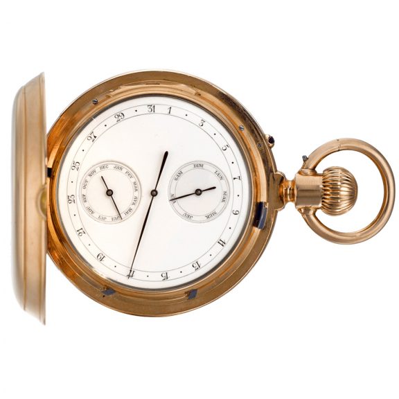 Swiss double dialled full hunter calendar lever watch circa 1890