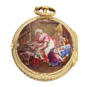 French gold and porcelain rococo-scene watch Circa 1760